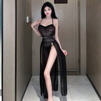 Váy ngủ hai dây xẻ tà xuyên thấu kèm quần lót lọt khe gợi cảm nóng bỏng cho nữ