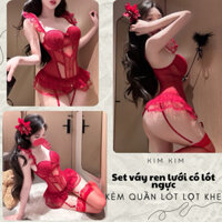 Váy ngủ liền thân đệm ngực, kèm quần lót - Váy ngủ ren lưới xinh xắn croset nâng ngực - Che tên sản phẩm