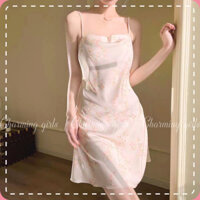 Váy ngủ lụa 2 dây cao cấp hoạ tiết hoa nhí cam Đầm đổ cổ mặc nhà dễ thương cho nữ - MSP: TH067