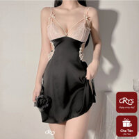 Váy ngủ lụa 2 dây xẻ tà hông sexy thiết kế ren ngực gợi cảm kèm quần lót lọt khe.