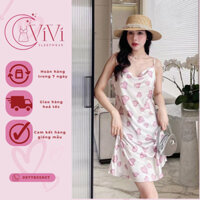 Váy ngủ lụa, đầm ngủ nữ đẹp, đồ ngủ 2 dây cổ đổ freesize phòng cách đơn giản, kèm hộp sang trọng