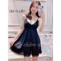 váy ngủ lụa đen phần ngực ren mi đen gắn nơ xinh