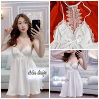 váy ngủ lụa trắng satin gắn nơ buộc to xinh có ren lưng sexy, hàng thiết kế độc quyền❤️