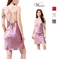 Váy ngủ lụa WANANBE đầm ngủ nữ cổ yếm dây lưng xỏ chéo thắt nơ có thể tháo mở dễ dàng quyến rũ DNS33