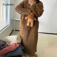 Váy ngủ mềm mại FUDESHE, Váy ngủ dài tay ấm áp làm dày thoải mái, màu trơn đôi túi nhung san hô dành cho nữ