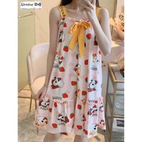 Váy Ngủ Nữ 2 dây dáng suông  Đầm ngủ 2 dây chất thun sữa mềm mát cho mùa hè kết hợp họa tiết dễ thương V28444 - V28444 SÓC DÂU,Freesize 45 đến 67kg