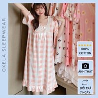 Váy ngủ nữ chất thun cotton mềm mịn họa tiết caro hồng xinh xinh