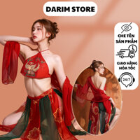 Váy ngủ nữ DARIM VN43 chất voan mềm áo yếm khăn váy kèm quần chip họa tiết cổ trang