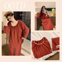 Váy Ngủ Nữ Xuân Thu Đỏ Phiên Bản Hàn Quốc Ngọt Ngào Cổ Tròn Ren Chấm Bi Quần Dài Tay Loungewear Set Retro Rời Kích Thước Lớn Bộ Đồ Ngủ Nữ