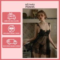 Váy Ngủ Ren Hai Dây Babydoll Xuyên Thấu Gợi Cảm Phần Cúp Ngực Đính Nơ Freesize 40-60Kg