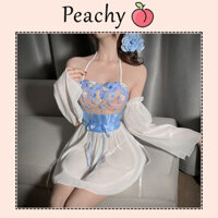 Váy ngủ ren xuyên thấu cánh tiên thêu hoa siêu xinh quyến rũ đầm cổ yếm 2 dây hở lưng sexy quyến rũ PEACHY P265