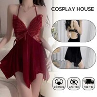 Váy ngủ sexy 2 dây phối ren cánh bướm sexy - đầm ngủ 2 dây chất liệu nhung ( che tên sản phẩm ) Cosplayhouse