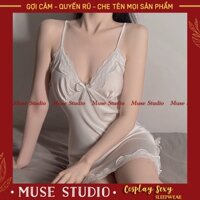Váy ngủ sexy, đầm ngủ gợi cảm vải phi bóng mềm đẹp xẻ hai bên đùi đính nơ MUSE STUDIO