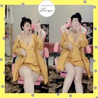 Váy ngủ sexy kèm áo choàng satin phối ren mềm mịn freesize dưới 60kg - linqu sleepwear