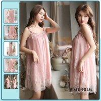 Váy ngủ sexy MISA, Đầm ngủ sexy nữ mặc nhà chất liệu ren voan chống nhăn cổ chữ U thời trang Freesize KL02- Hồng