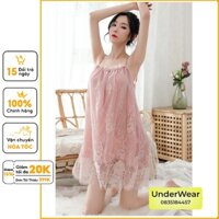Váy ngủ sexy UndearWear, Đầm ngủ sexy nữ mặc nhà chất liệu ren voan chống nhăn cổ chữ U thời trang Freesize KL02- Hồng