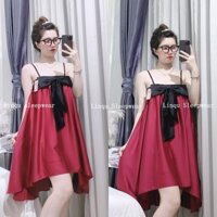 Váy ngủ sexy - Váy ngủ sexy lụa satin cột nơ trước ngực dễ thương Freesize dưới 60kg