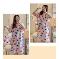 Váy ngủ, váy mặc nhà cộc tay dáng suông chất cotton mềm mát họa tiết hoạt hình dễ thương KHÔNG KÈM TÚI V285 - V285 CHÚ HỀ HỒNG,size 2XL 46-50kg