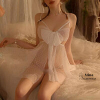 Váy ngủ voan chấm bi MINA đầm ngủ xuyên thấu cực sexy hai màu trắng đen 8663