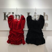 Váy nhung cổ vuông nhúm đuôi TKCC - Kim Linh Shop