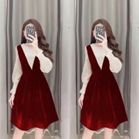 VÁY NHUNG CỔ YẾM PHỐI REN HOA TUYẾT