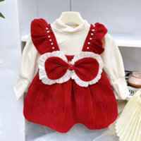 Váy nhung dày dặn kèm áo tay bèo điệu đà 2 màu hồng và đỏ loại đẹp cho bé gái SHOP MẸ BÔNG