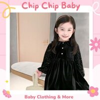 Váy Nhung Đen Cổ Sen Tay Áo Kim Sa Lấp Lánh Cho Bé Gái Sang Chảnh Size 80/90