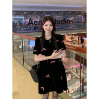 Váy nhung đính nơ babydoll xinh cho bạn nữ, váy bigsize đính nơ đỏ