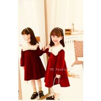 Váy nhung đỏ cổ ren tiểu thư cho bé- váy đỏ tết sang chảnh cho bé gái