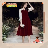 VÁY NHUNG ĐỎ CỔ V TAY VOAN CHẤM BI