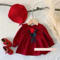 Váy nhung đỏ đính hoa trà cho bé gái