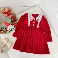 Váy nhung đỏ phối thêu hoa trắng siêu đẹp, váy đi chơi noen cho bé