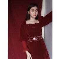 Váy nhung đỏ thêu hoạ tiết NHA SEN CLOTHING