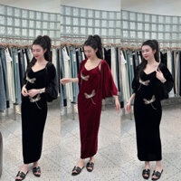 Váy nhung hai dây khâu chuồn đá kim sa siêu sang