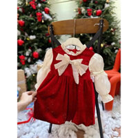 Váy nhung Noel - Tết dài tay đính kim tuyến chất nhung mềm mịn cho bé gái từ 8-20kg