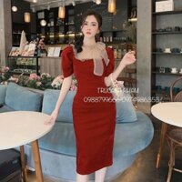 Váy nhung ôm body cổ voan chấm bi cho nữ