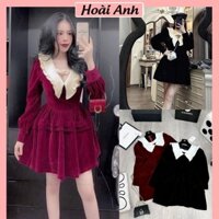 Váy Nhung Phói Cổ Bèo Trắng Nơ Đá Xếp Ly Bồng Đầm Nhung Dáng Ngắn Tay Bồng Freesize
