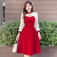 Váy nhung phối tơ đính ngọc cổ tàu cực xinh, phù hợp cho dự tiệc, đi chơi, đi dạo phố VANOS