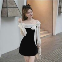 Váy nhung trễ vai buộc nơ phối tay bồng tiểu thư - Dolyly