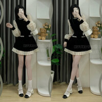 Váy nhung xoè chân bèo xếp ly tay phồng tơ phối đính đá [ HÌNH THẬT HƯƠNG TUYẾT ANH BOUTIQUE ]