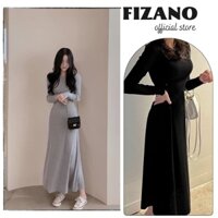 Váy nỉ nữ dáng suông cổ tròn dài tay cúc chiết eo tôn dáng hàng Quảng Châu cao cấp fizano