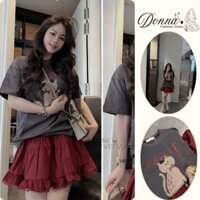 váy nữ , áo thun nữ in họa tiết mèo cute mix chân váy xếp ly màu đỏ ngắn dáng xòe Donna hcom25265