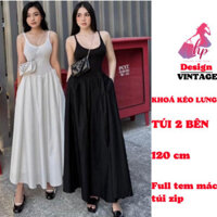 Váy nữ body maxi 2 dây thiết kế tùng dáng xòe che bụng có túi, đầm màu đen trắng dài dự tiệc mùa hè đi biển G33 -HD -HMD