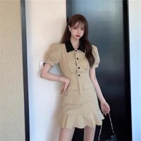 Váy nữ chất kaki mềm tay bồng cổ phối màu dáng đuôi cá ôm body nhẹ nhàng, năng động , cá tính - hàng sẵn full size