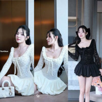 Váy nữ dài tay cổ điệu phối nơ dáng bí Fizano, đầm nữ tiểu thư ôm body hai màu đen trắng HCO288