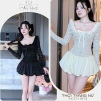 Váy nữ đầm nữ dài tay cổ điệu phối nơ dáng bí ôm body hai màu đen trắng phong cách Hàn HCOM3338 Mannhi