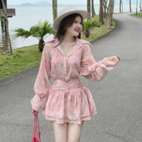 Váy nữ đầm tiểu thư màu hồng loang váy ngắn tay bồng xếp ly, sét váy đi chơi hẹn hò chụp ảnh HCOM25507 Belle