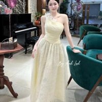 váy nữ dáng dài,váy lệch vai dáng dài phối viền hoa chất liệu ren hai lớp mặc dự tiệc siêu sang B74