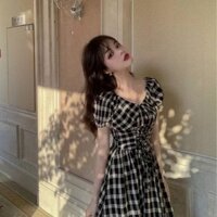 Váy nữ kẻ ô cổ viền tay bồng kết hợp thắt dât ở eo cực tiểu thư