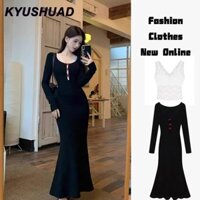 Váy nữ KYUSHUAD Váy dài tay ren kiểu Pháp chắp vá váy dài vừa vặn